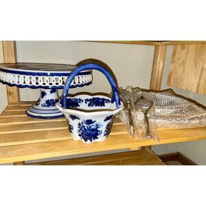 Three Vintage Cracker Barrel Style Blue & White Porcelain 3-Piece Decorative Set